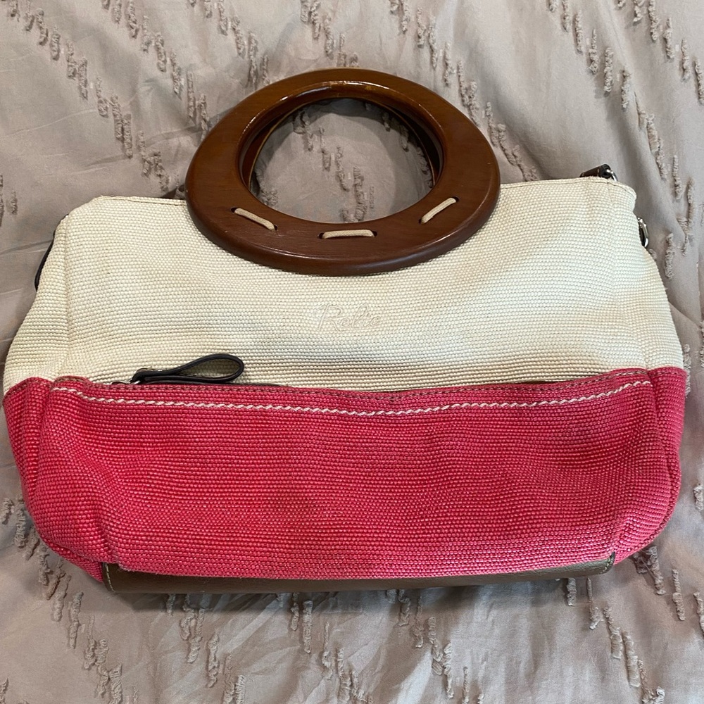 Relic Canvas Two-Tone Pink & Cream Handbag with Wood Handles and crossbody strap